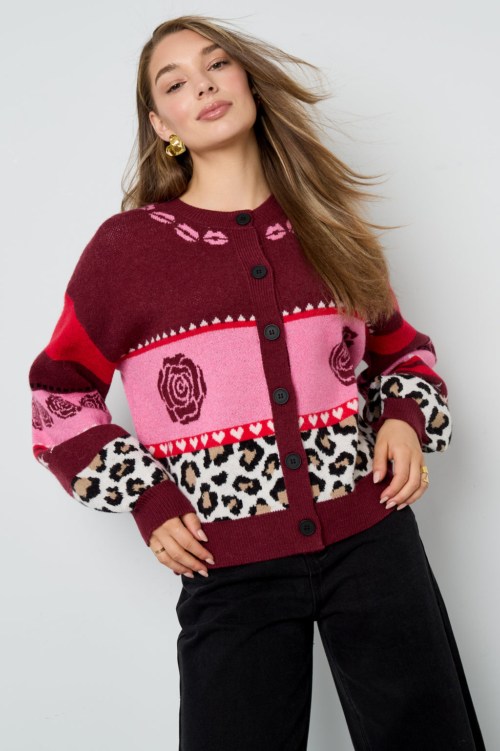 Knitted Polyester Fiber Women's Cardigan Casual Floral Print